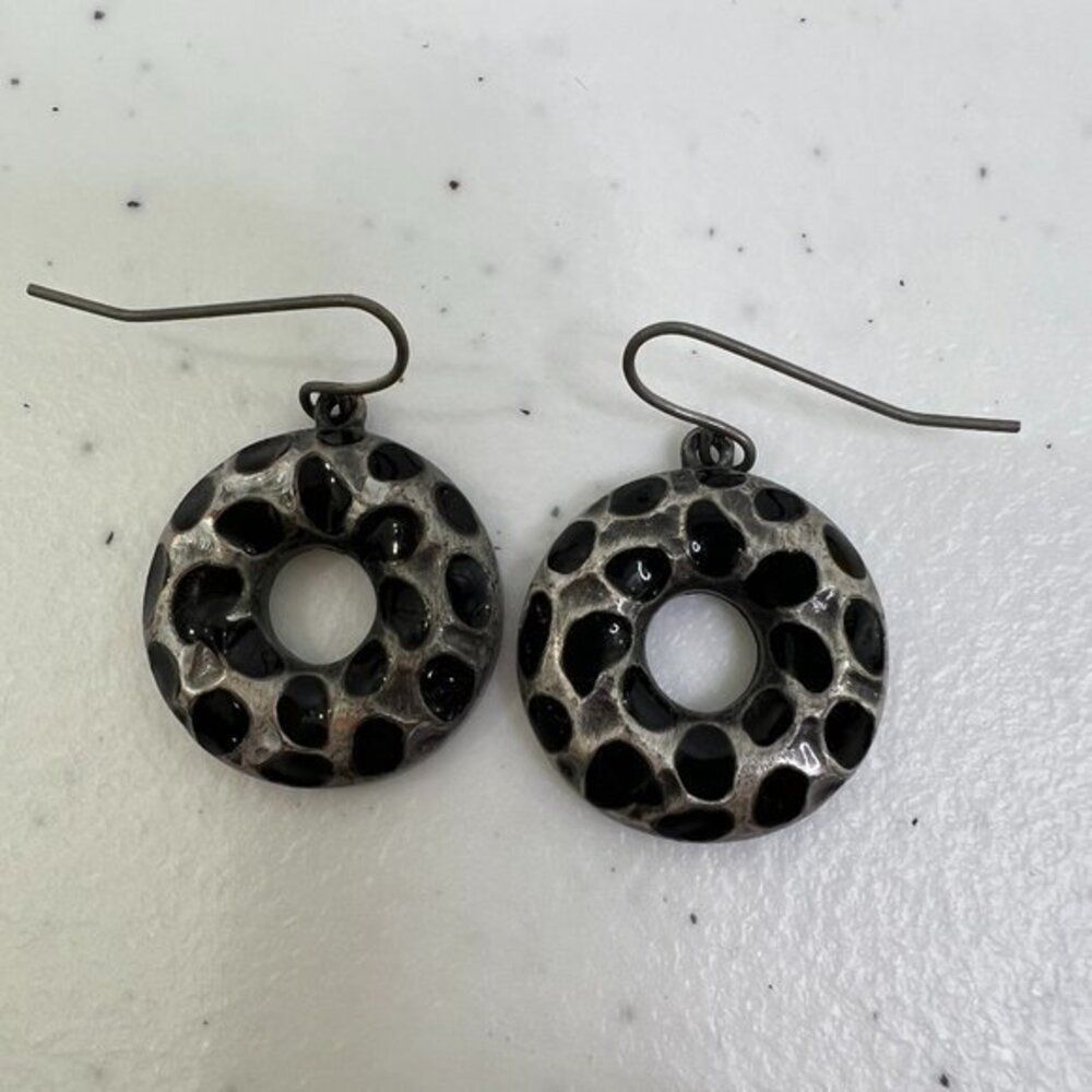 Dot Earrings Dangle Circle Black Enamel Silver Tone‎ Textured Brutalist Boho